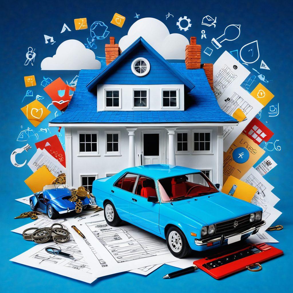 A visually engaging collage of various insurance symbols like a house, car, health symbols, and a calculator, surrounded by a mysterious key unlocking a treasure chest filled with documents and charts, set against a vibrant blue background that represents clarity and trust. super-realistic. vibrant colors. clean layout.