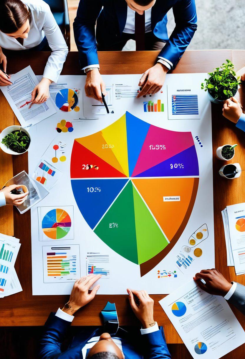 A diverse group of individuals discussing insurance plans around a table, visually representing personal and business needs with colorful diagrams and charts. Include elements symbolizing growth and security, like a plant sprouting from coins or a shield made of documents. The background should incorporate subtle icons of family, work, and health. bright colors. modern style. 3D.
