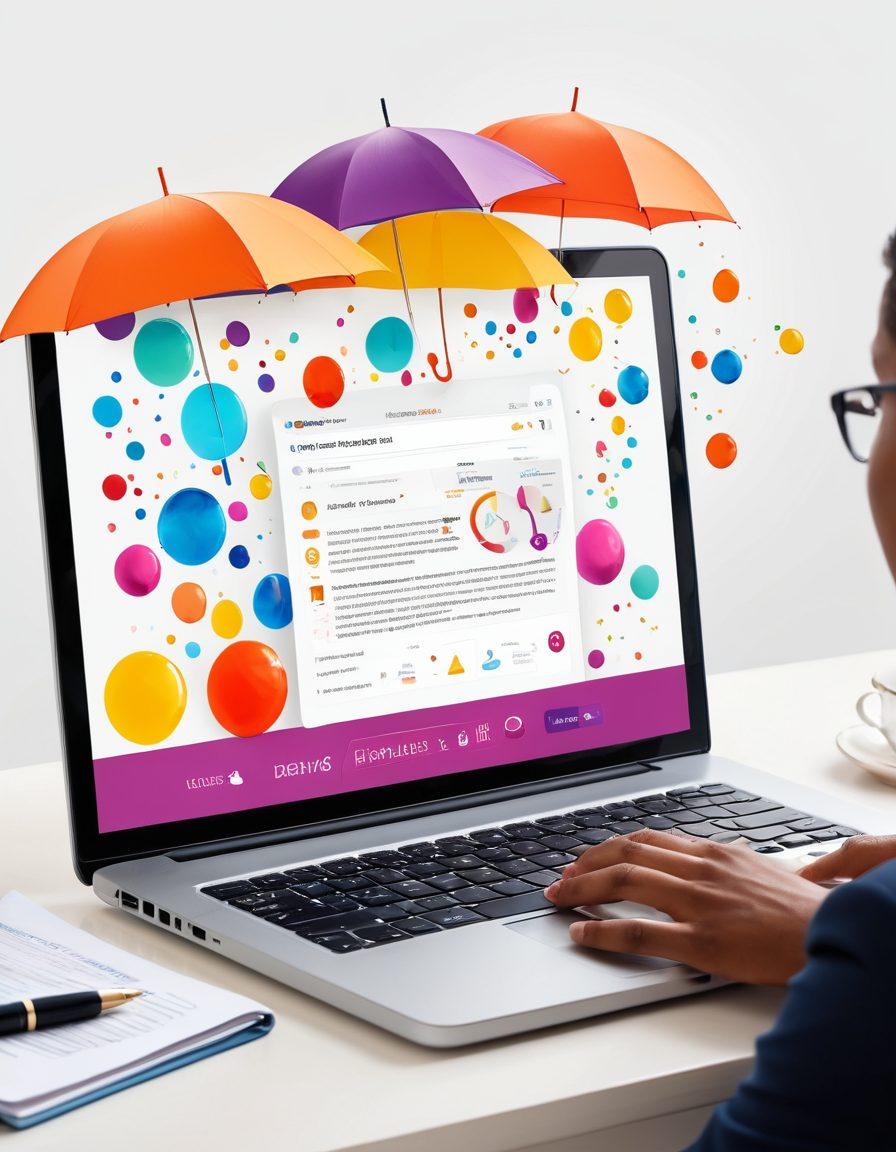 A clear and engaging visual representation of an insurance quote comparison chart, filled with colorful bubbles that symbolize different coverage options. Incorporate a diverse group of people discussing their choices, showcasing a blend of technology with a laptop open displaying graphs and figures. Include symbols of security and protection like shields or umbrellas, to emphasize smart coverage decisions. Create a modern and inviting atmosphere, with a touch of warmth and friendliness. super-realistic. vibrant colors. white background.